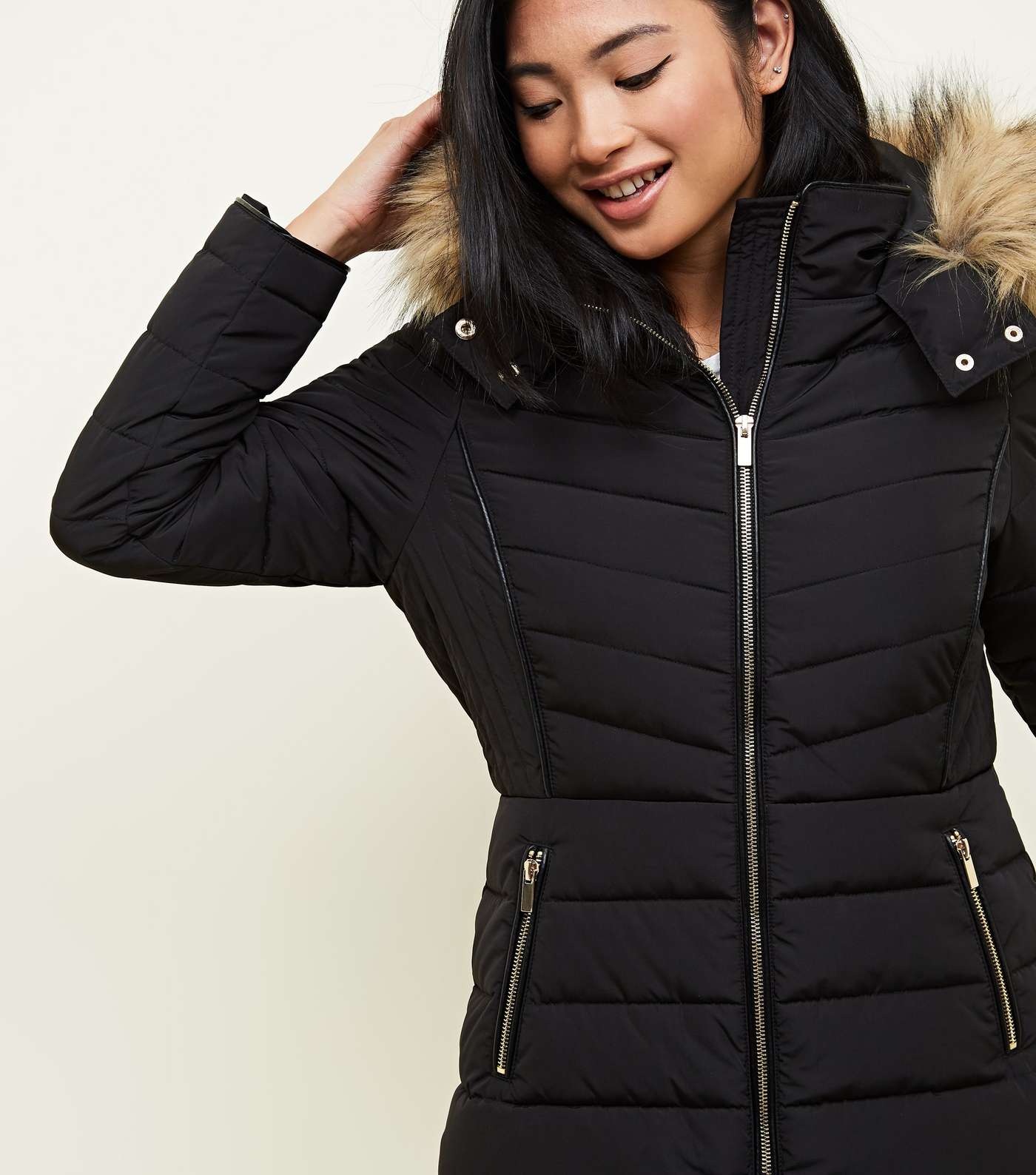 Petite Black Faux Fur Hood Fitted Puffer Jacket Image 6