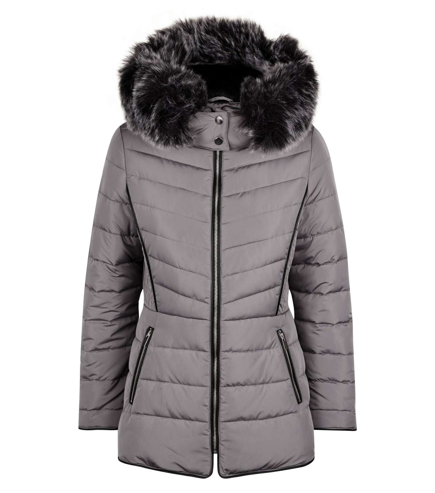 Petite Pale Grey Faux Fur Hood Fitted Puffer Jacket Image 4