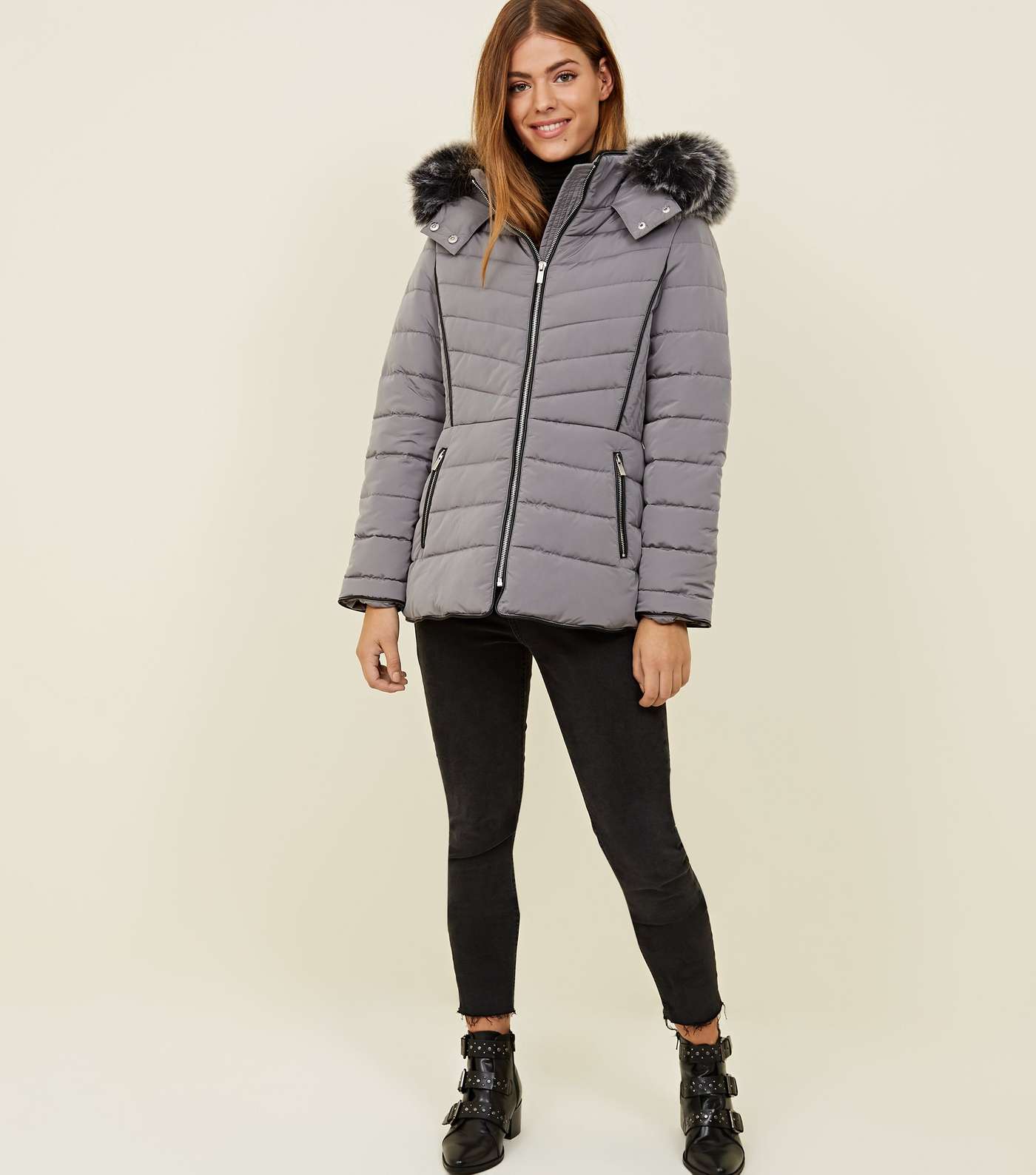 Petite Pale Grey Faux Fur Hood Fitted Puffer Jacket Image 2
