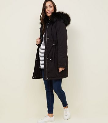 black faux fur trim hooded parka