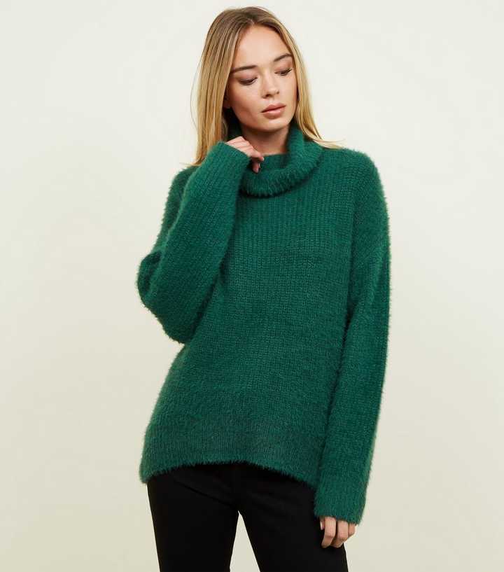 Dark Green Fluffy High Neck Jumper