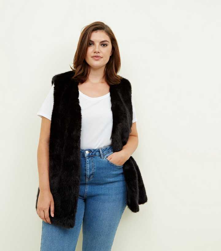 Curves Black Faux Fur Longline Gilet