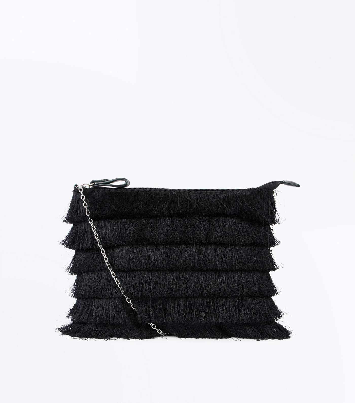 Black Layered Tassel Zip Top Clutch Bag