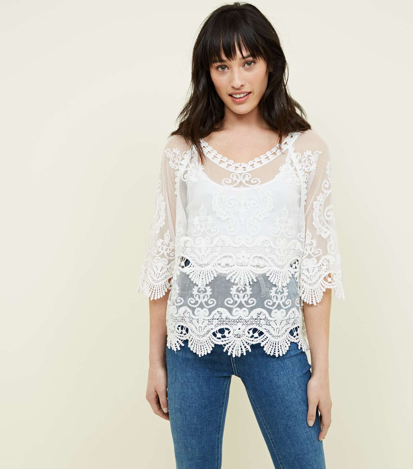 White Crochet Embroidered Mesh Top
