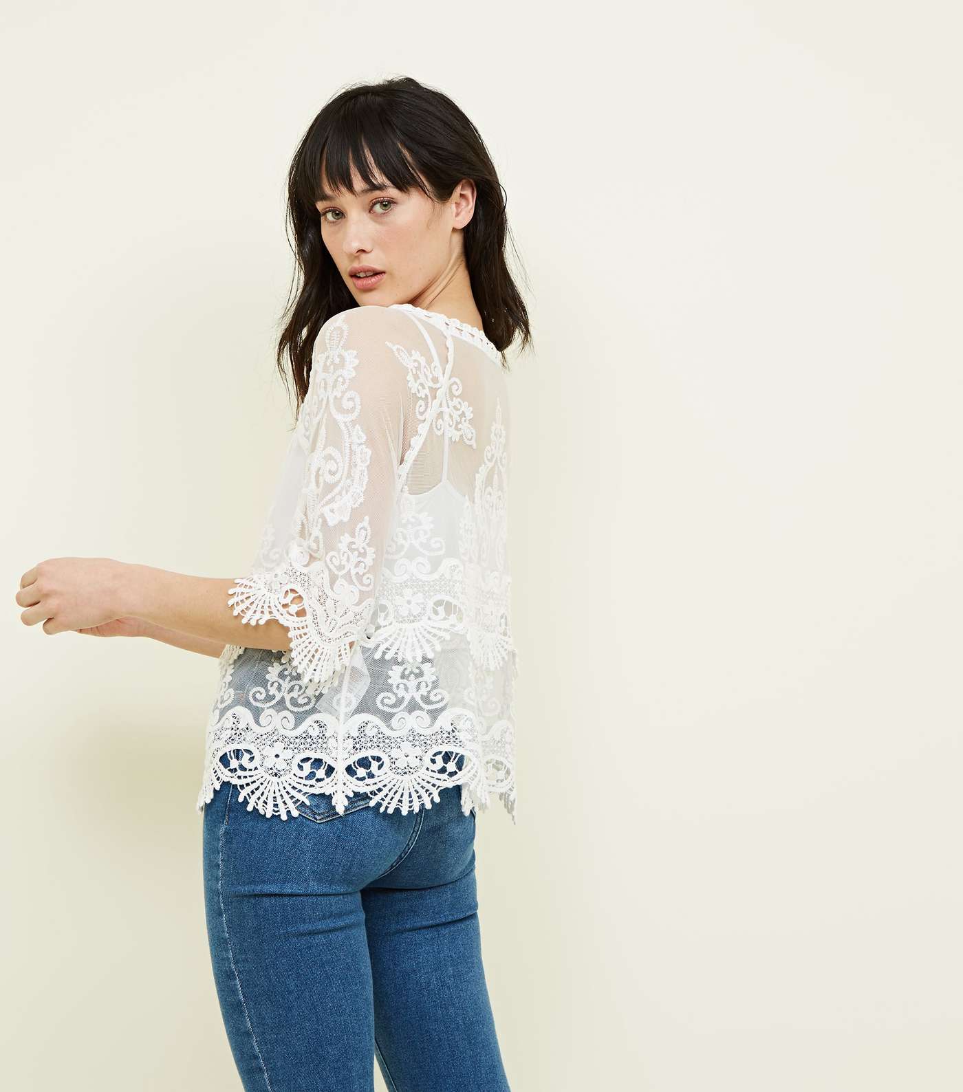 White Crochet Embroidered Mesh Top Image 3