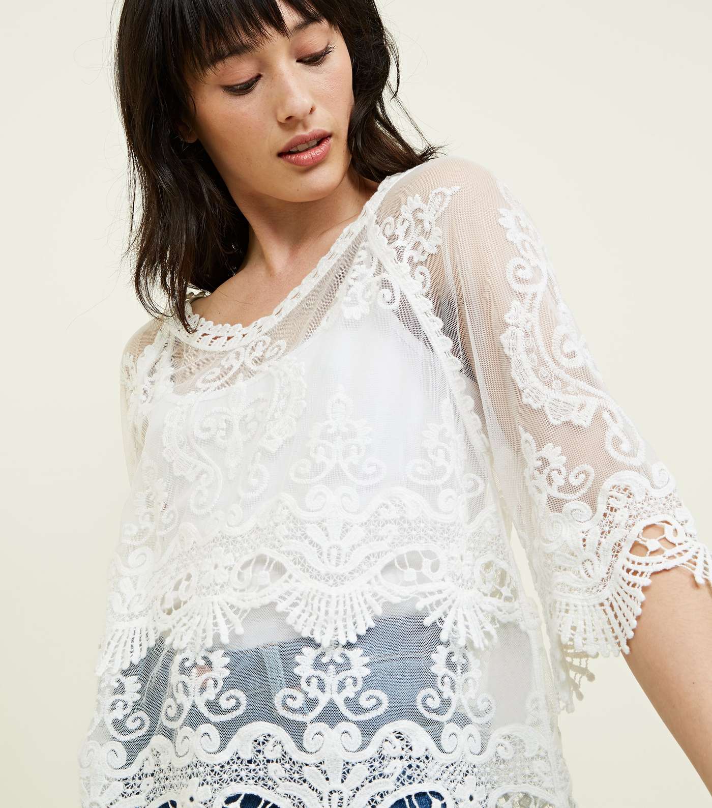 White Crochet Embroidered Mesh Top Image 5