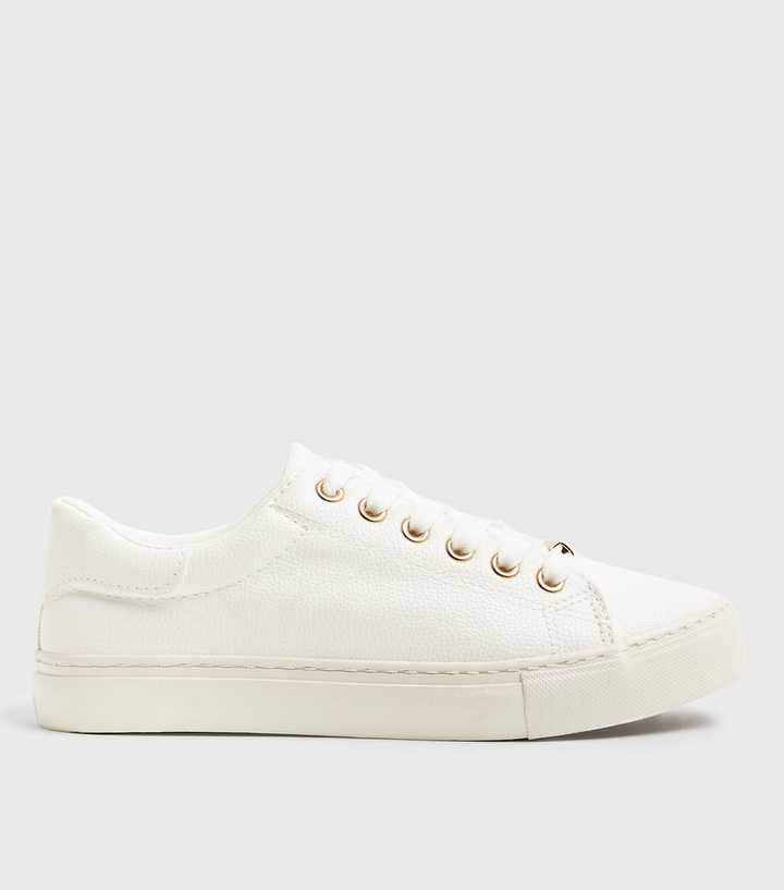 White Leather-Look Metal Trim Trainers
