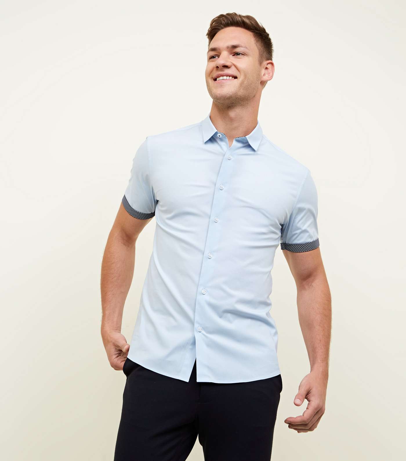 Pale Blue Short Sleeve Trim Muscle Fit Shirt