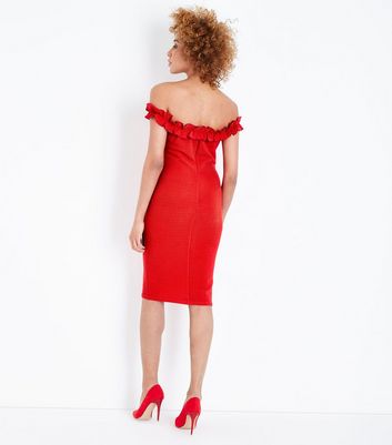 AX Paris Red Ruffle Bardot Neck Midi Red Ruffle Bardot Midi Dress – AX Paris