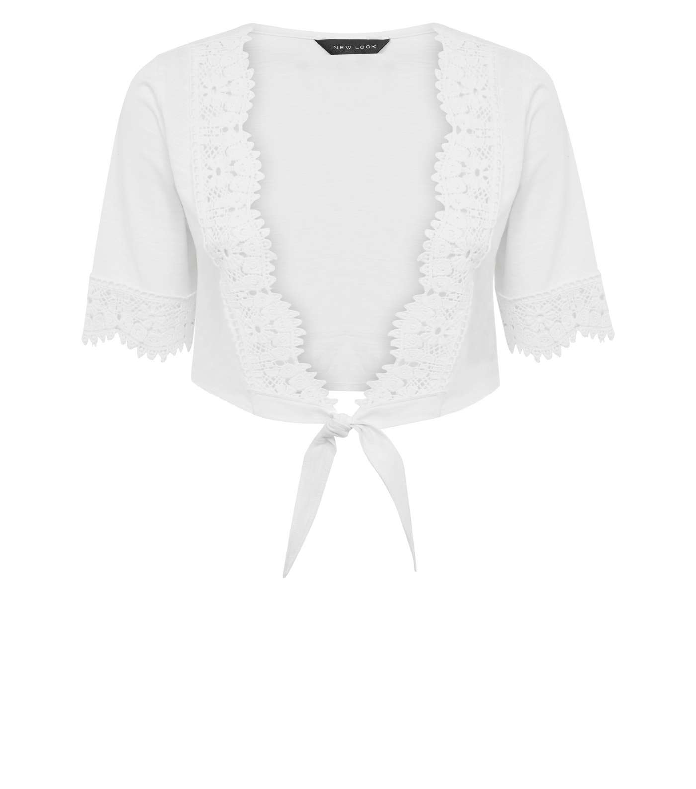 White Crochet Lace Trim Tie Front Shrug Image 4