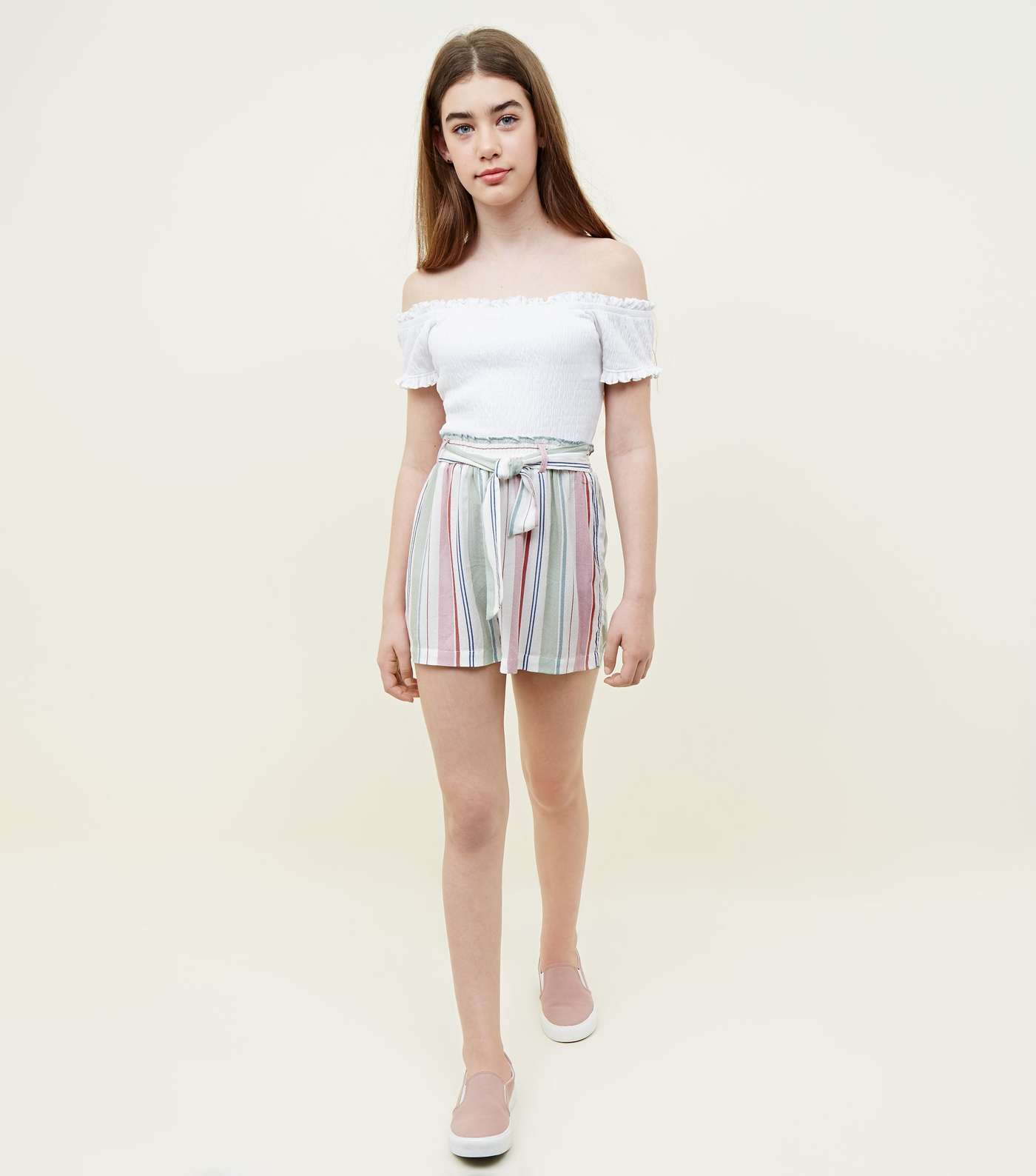 Girls Rainbow Stripe Paperbag Shorts Image 5