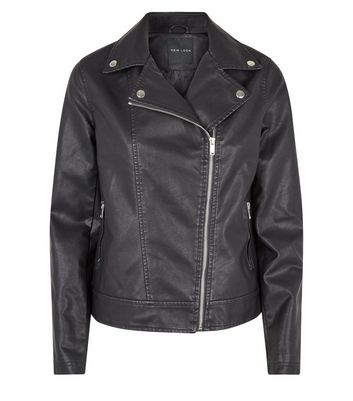Black Coated Leather-Look Biker Jacket 