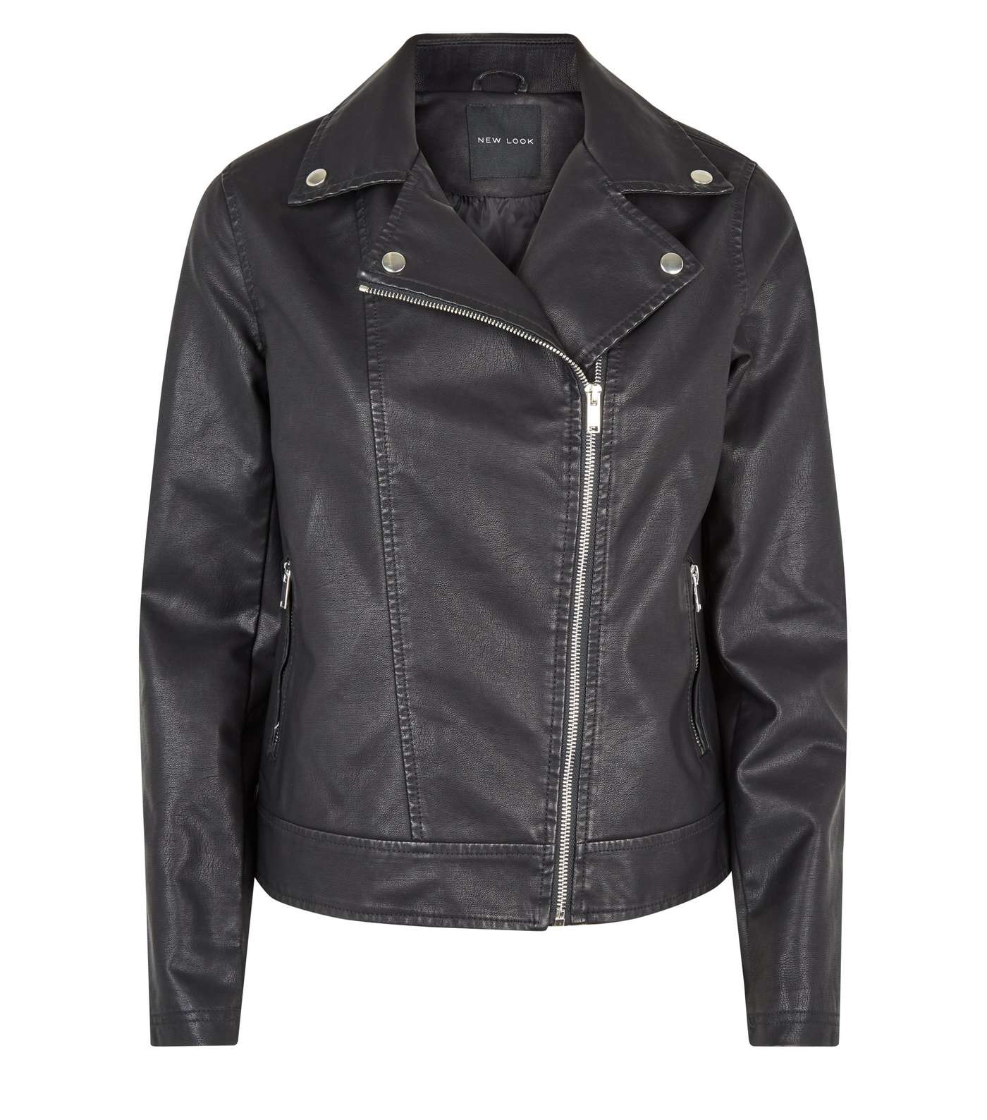 Black Coated Leather-Look Biker Jacket Image 4
