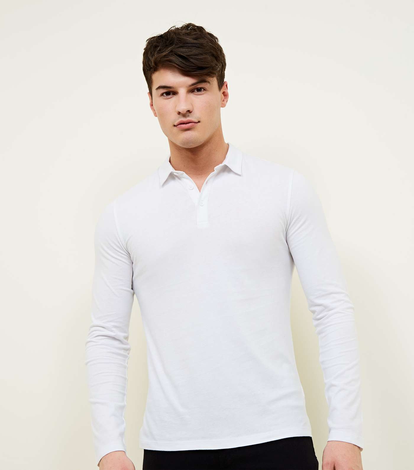 White Muscle Fit Long Sleeve Polo Shirt