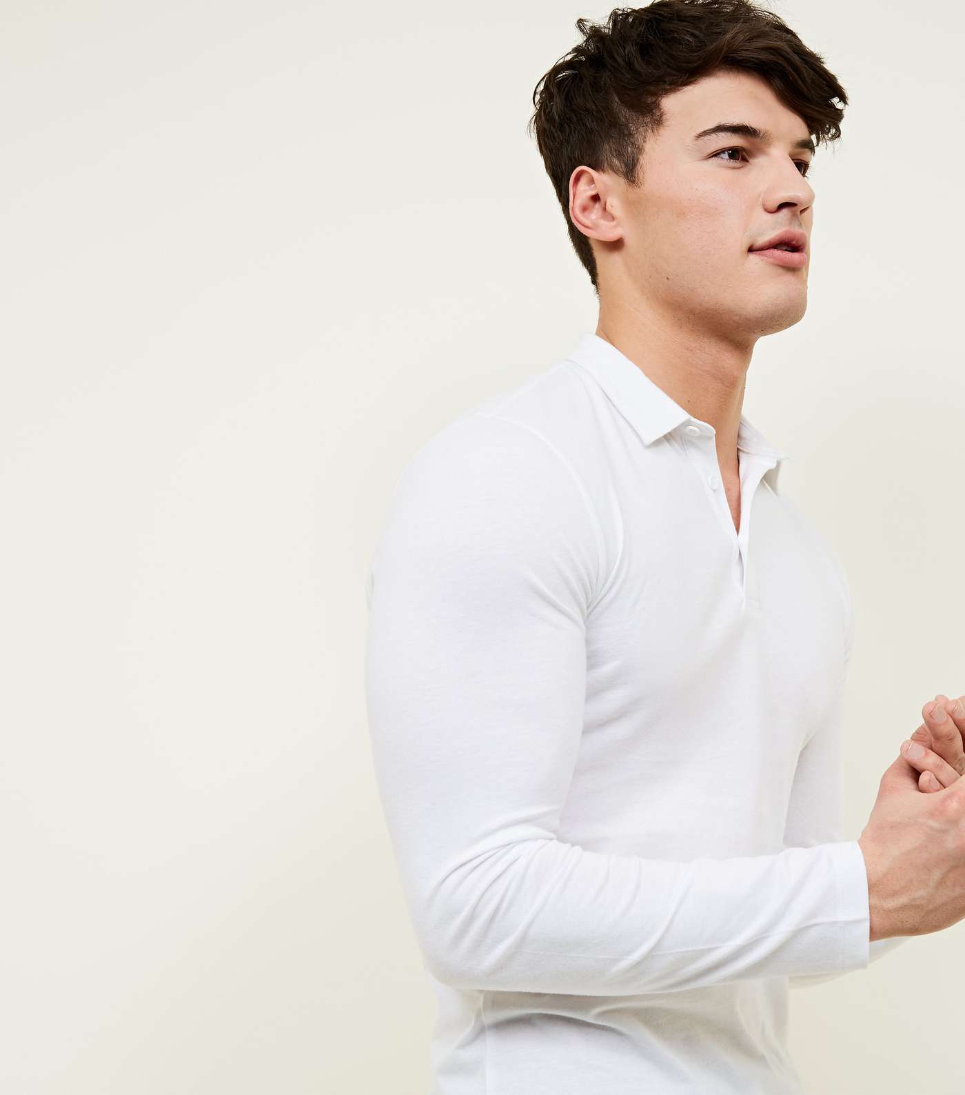 White Muscle Fit Long Sleeve Polo Shirt Image 5