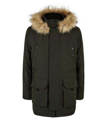 Khaki Faux Fur Trim Hooded Parka New Look