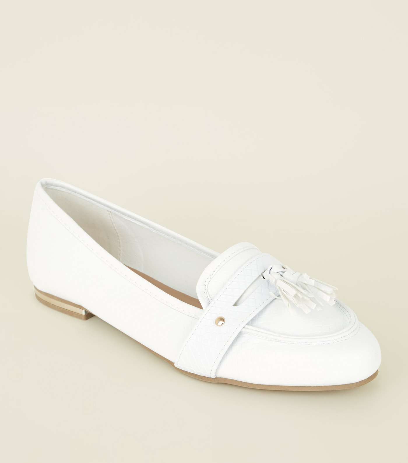 White Faux Snake Pointed Tassel Penny Loafers