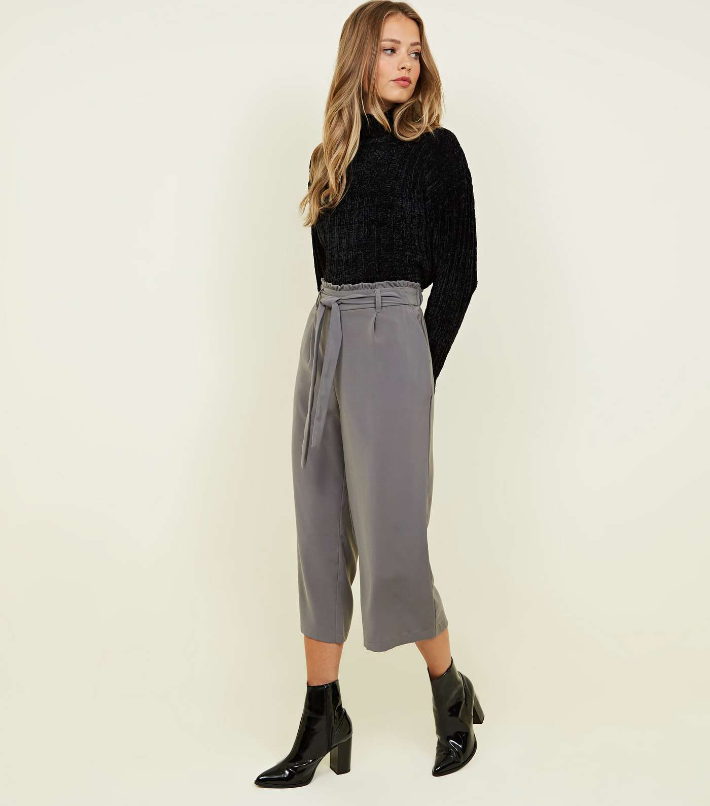 Grey Tie Waist Cropped Trousers