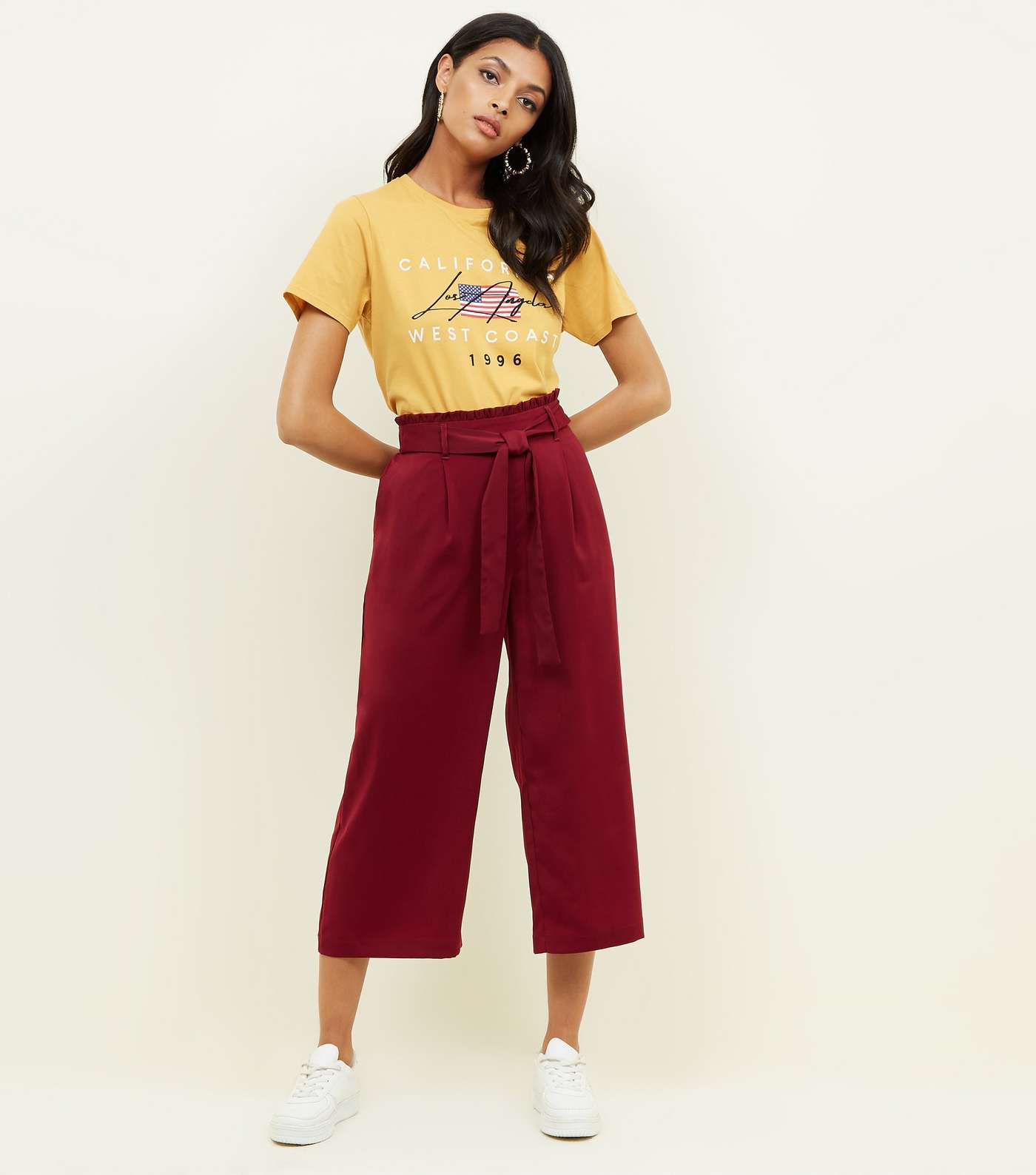 Burgundy Tie Waist Cropped Trousers