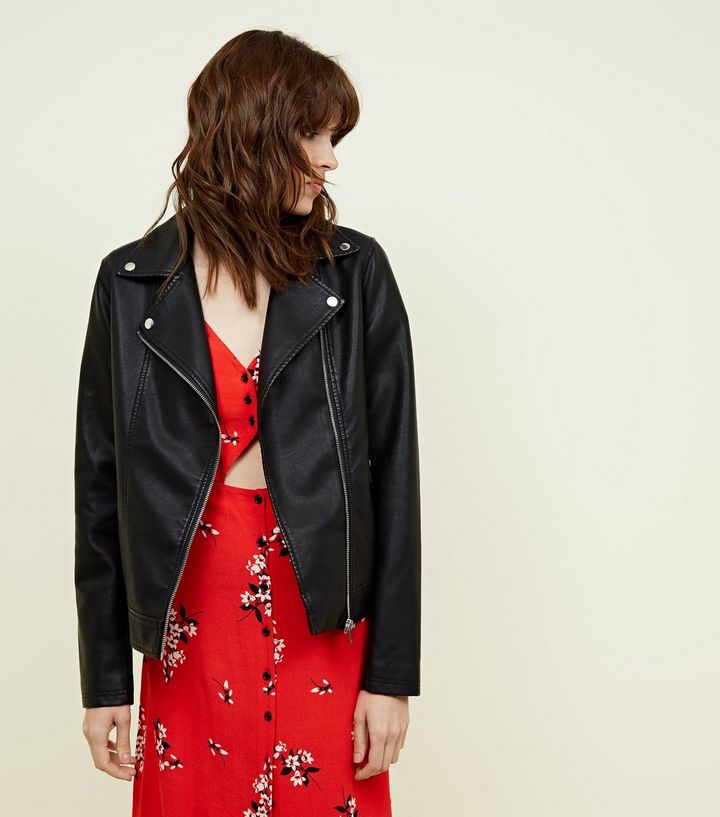 Tall Black Leather Look Biker Jacket New The Look