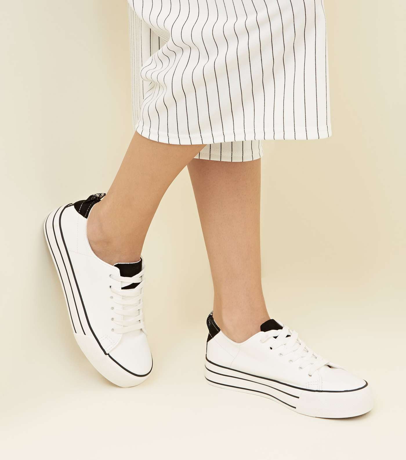 White Leather-Look Stripe Flatform Sole Trainers Image 2