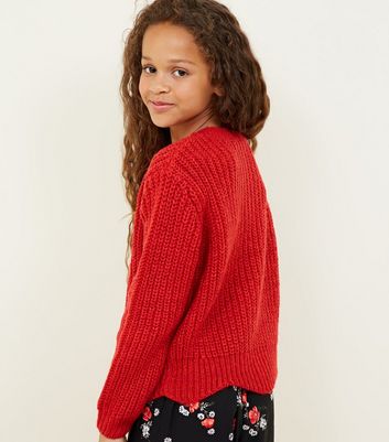 Girls Pull rouge en maille ourlet festonn New Look