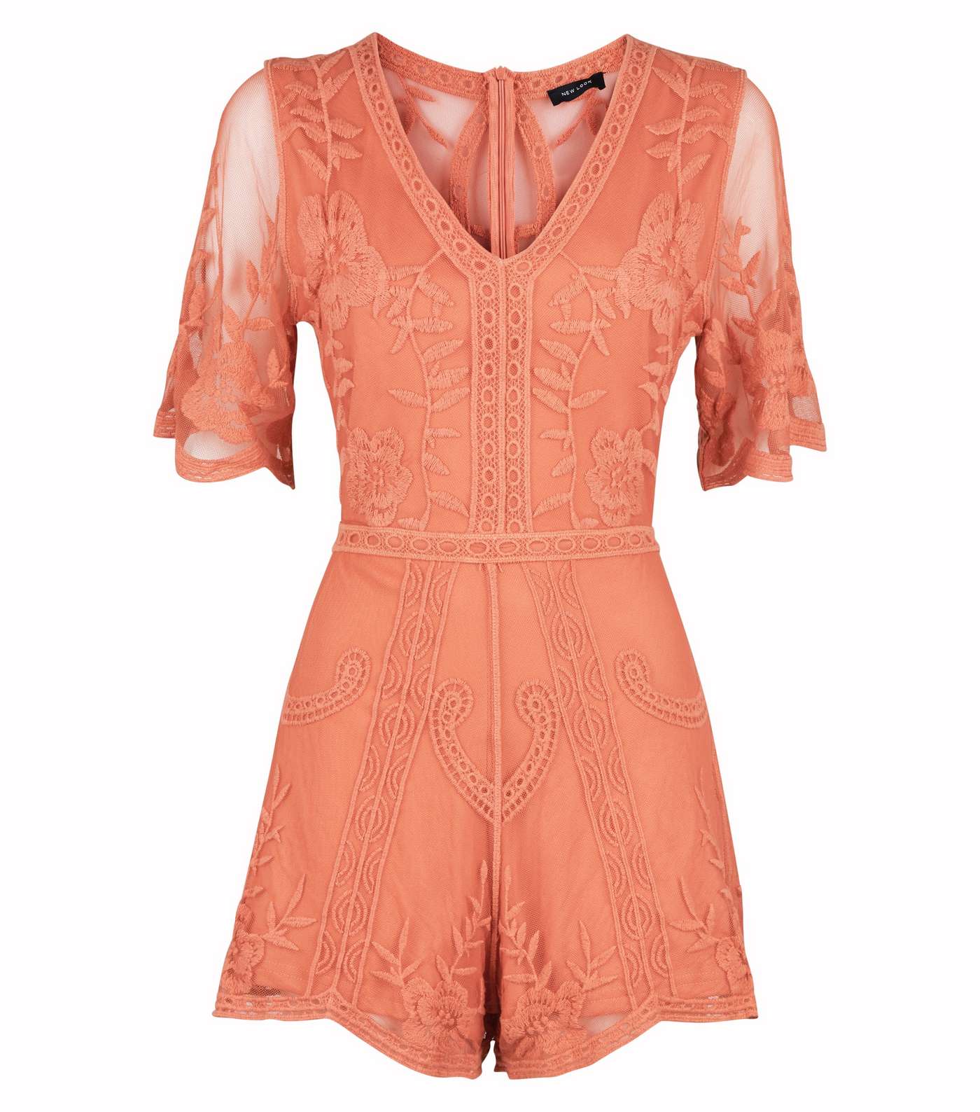 Coral Crochet Embroidered Mesh Playsuit Image 4