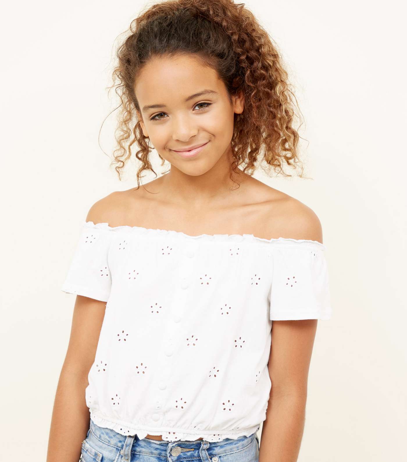 Girls White Broderie Button Front Bardot Top