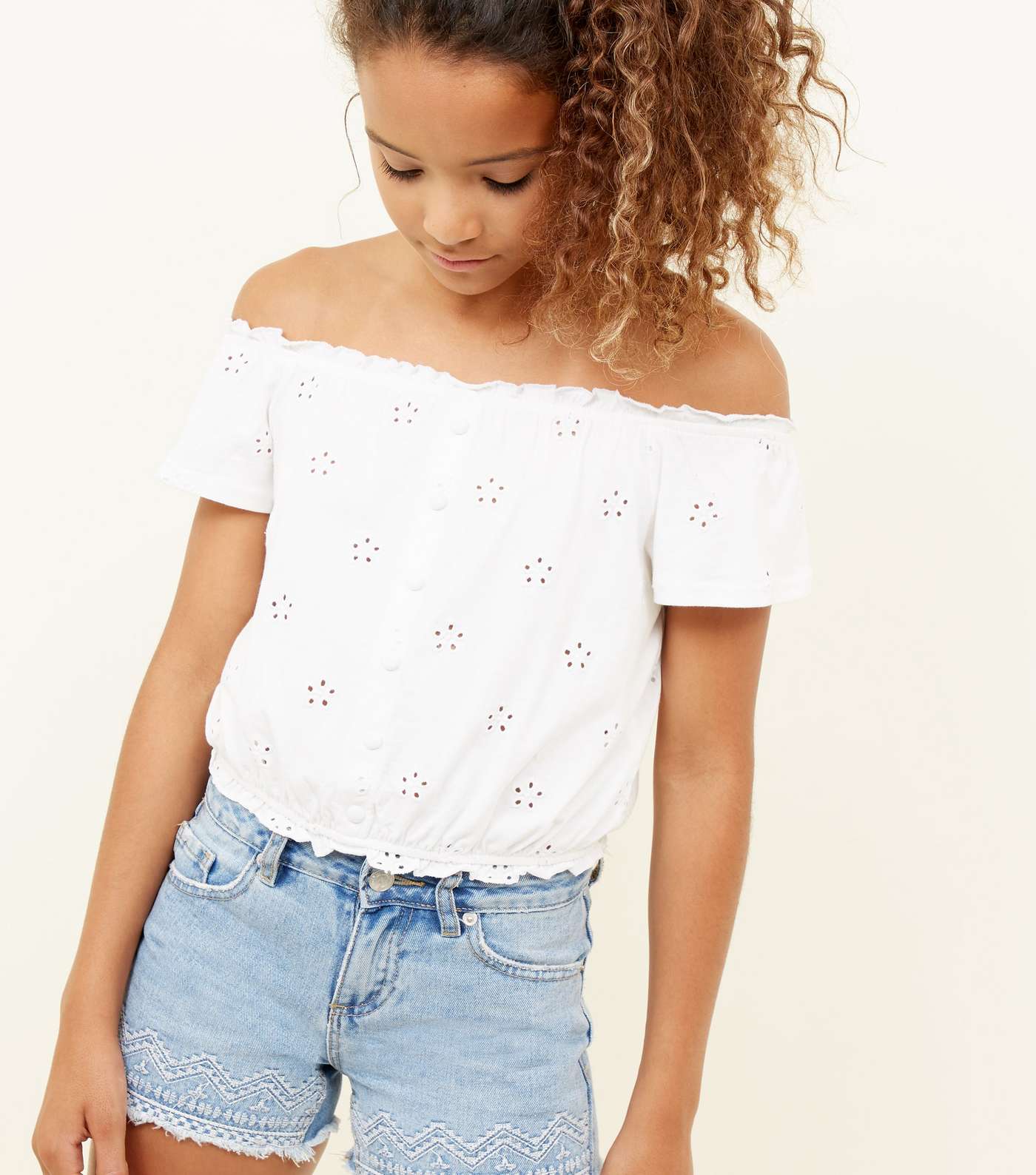 Girls White Broderie Button Front Bardot Top Image 5