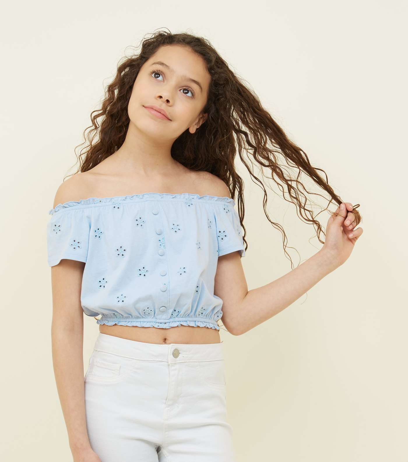 Girls Pale Blue Broderie Button Front Bardot Top