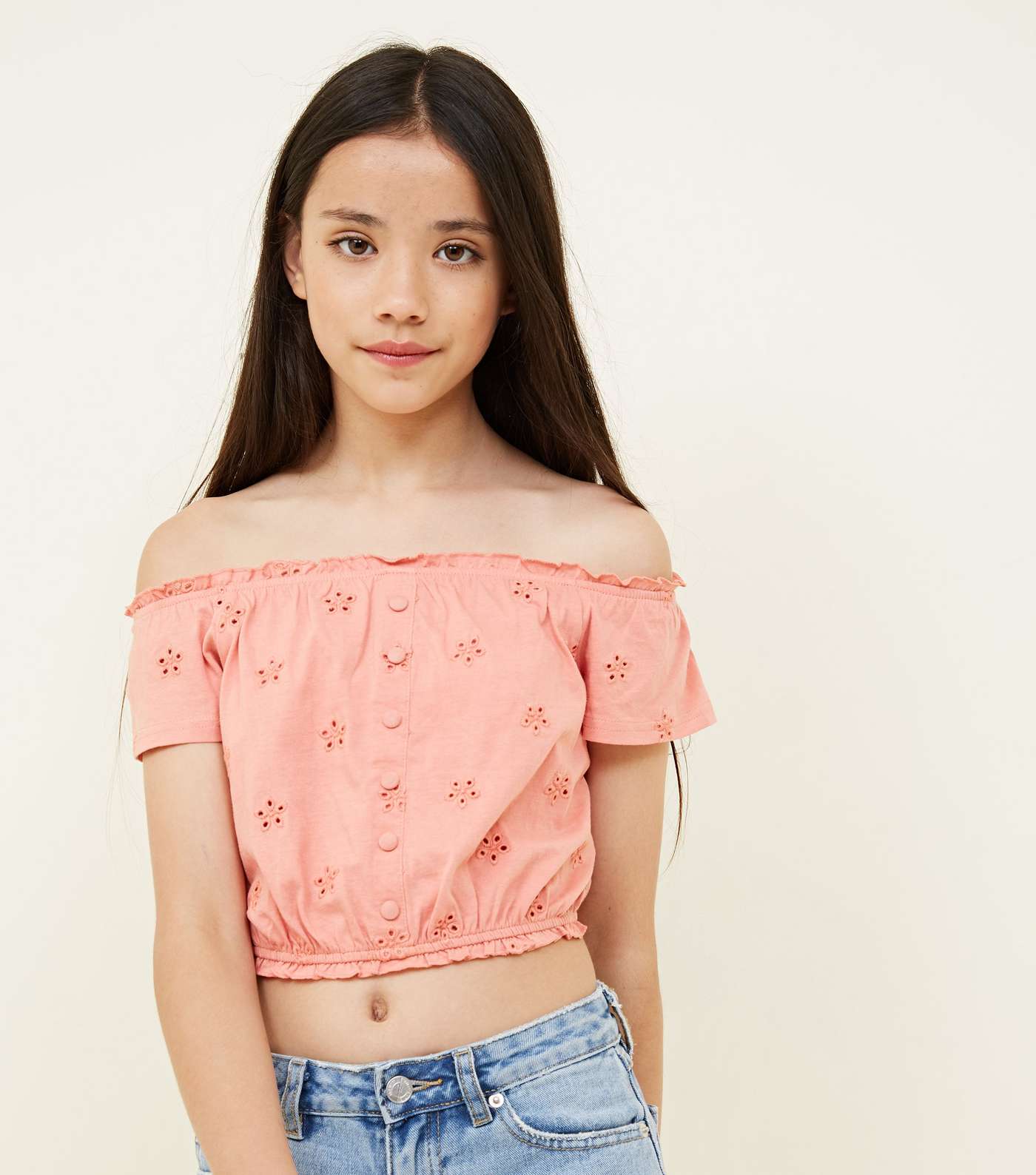 Girls Coral Broderie Button Front Bardot Top