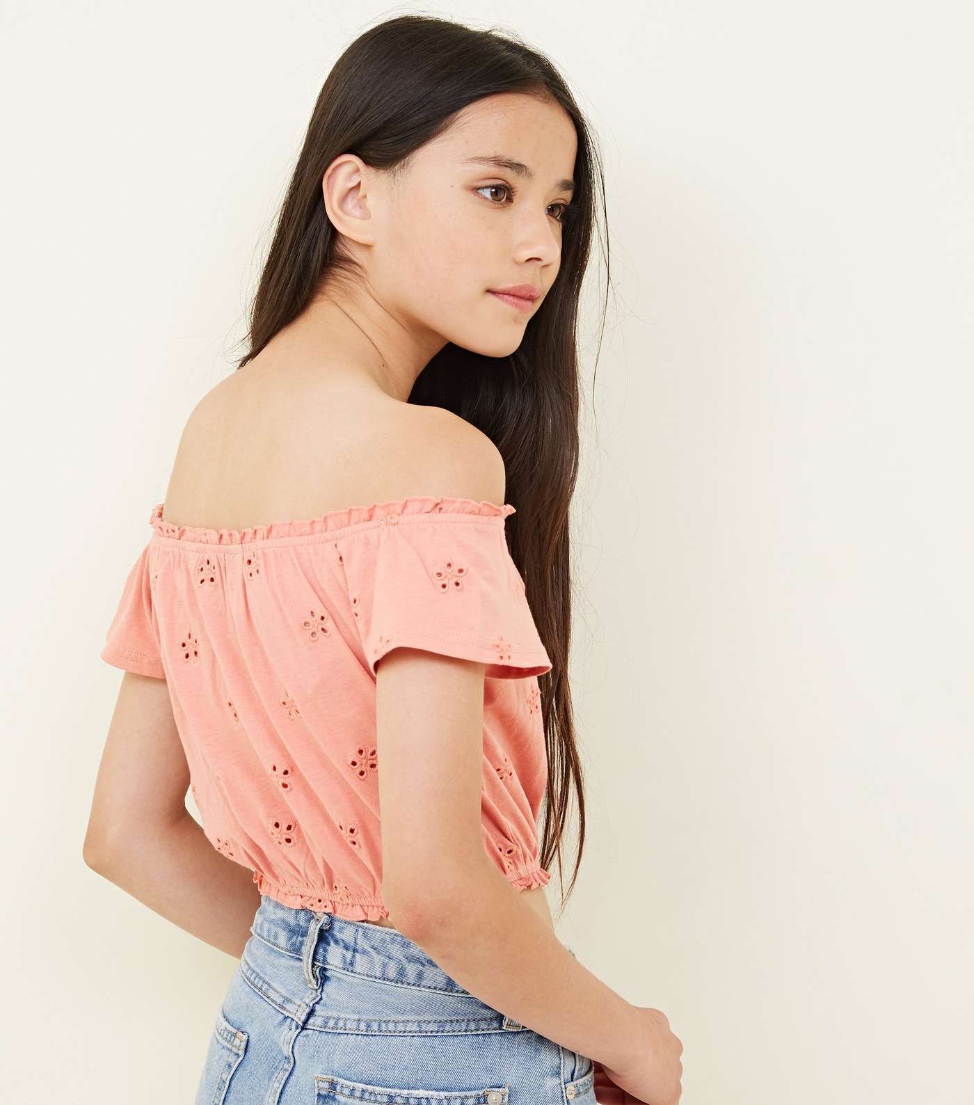 Girls Coral Broderie Button Front Bardot Top Image 3