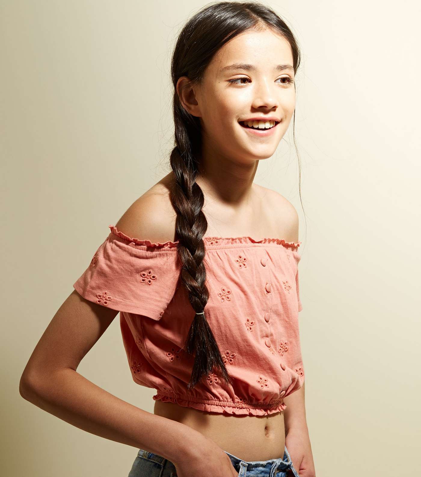 Girls Coral Broderie Button Front Bardot Top Image 5