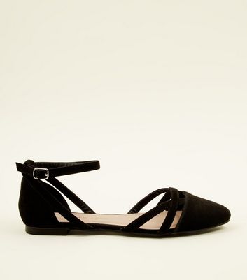 black ballet pumps with ankle strap
