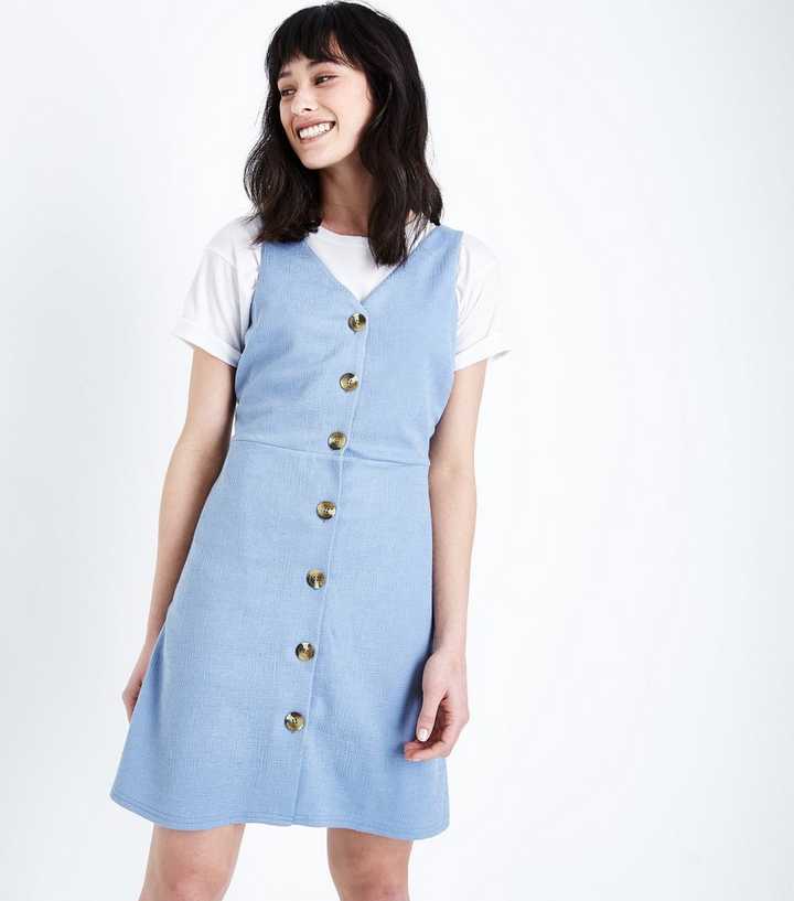 Blue Crosshatch Button Front Pinafore Dress