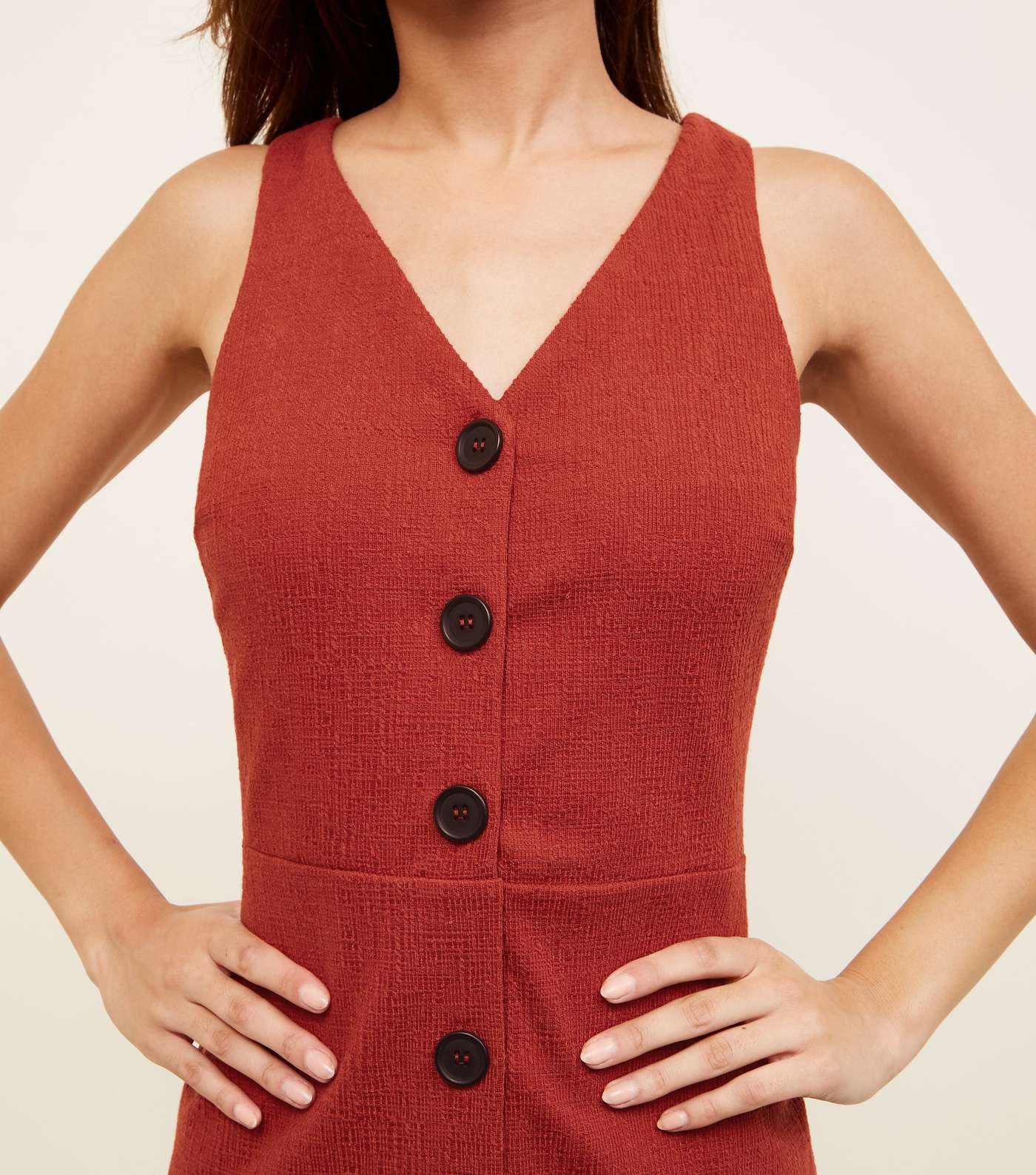 Red Crosshatch Button Front Pinafore Dress Image 6