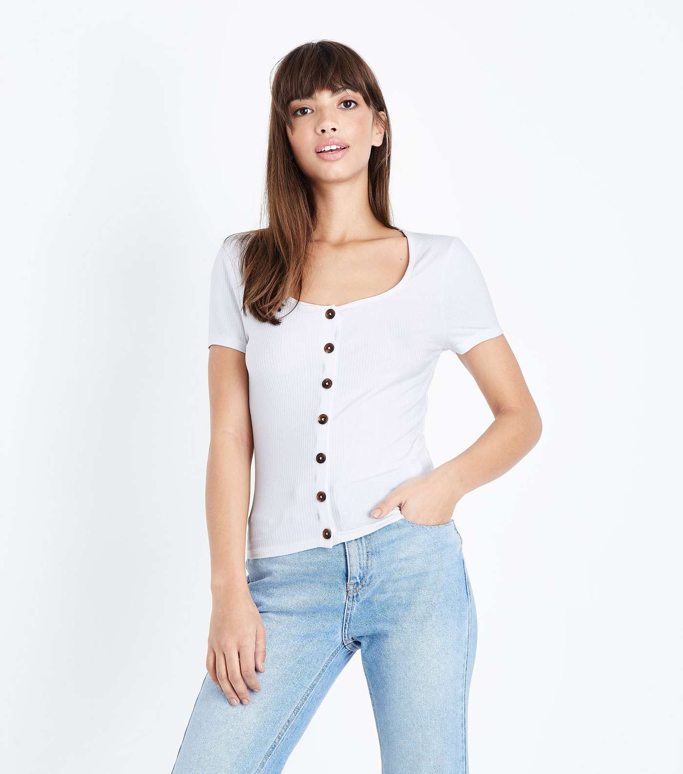 White Button Front Ribbed T-Shirt