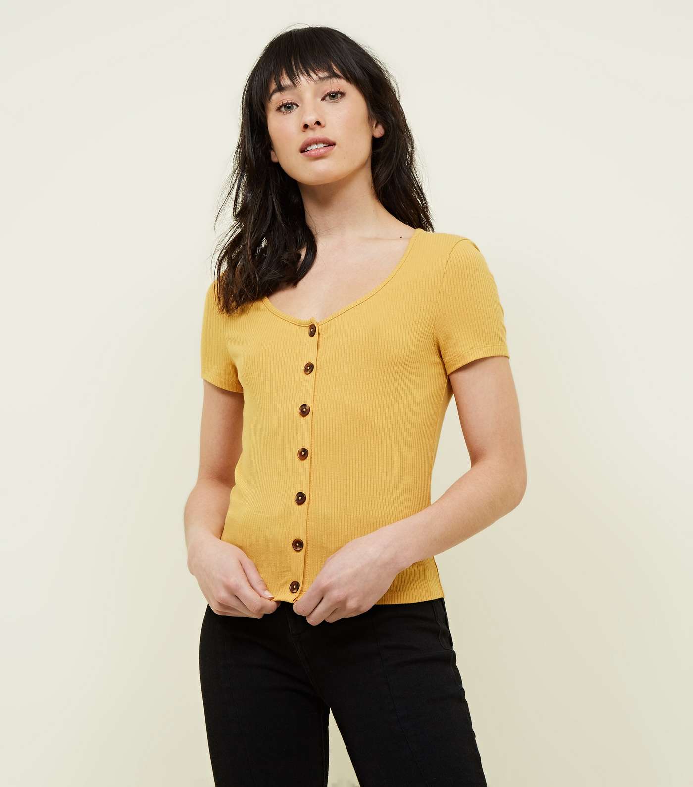 Yellow Button Front Ribbed T-Shirt