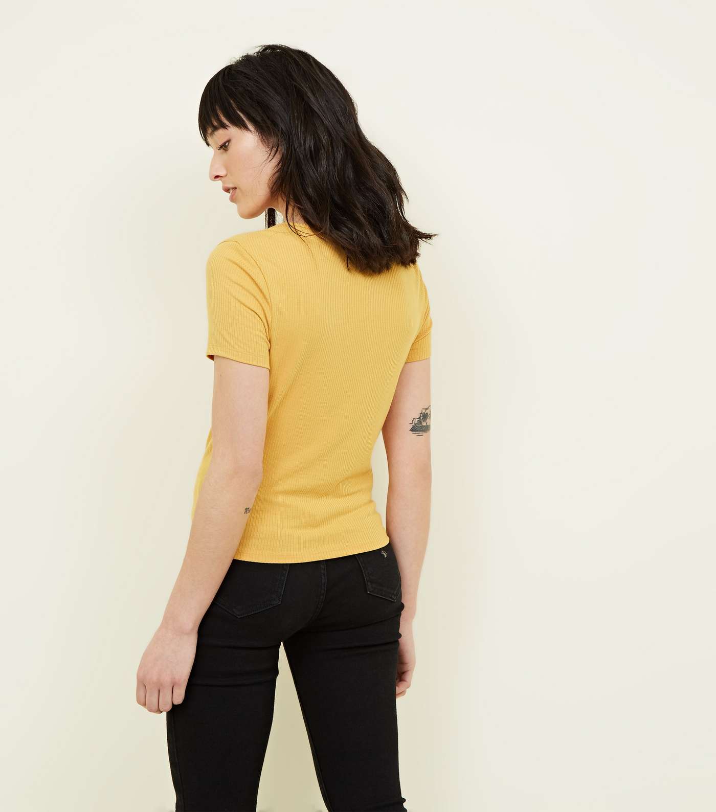 Yellow Button Front Ribbed T-Shirt Image 3