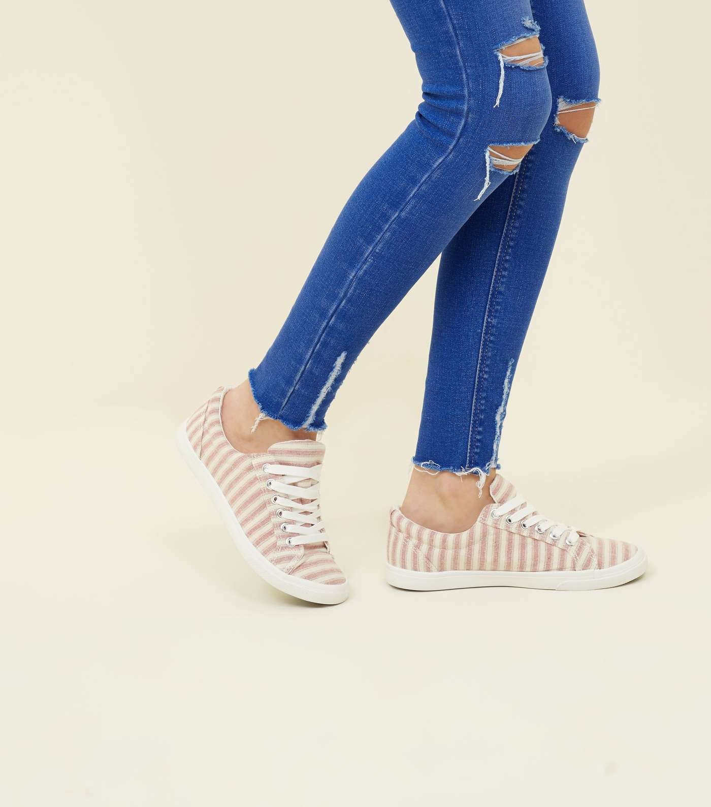Girls Pink Canvas Stripe Lace Up Trainers Image 2