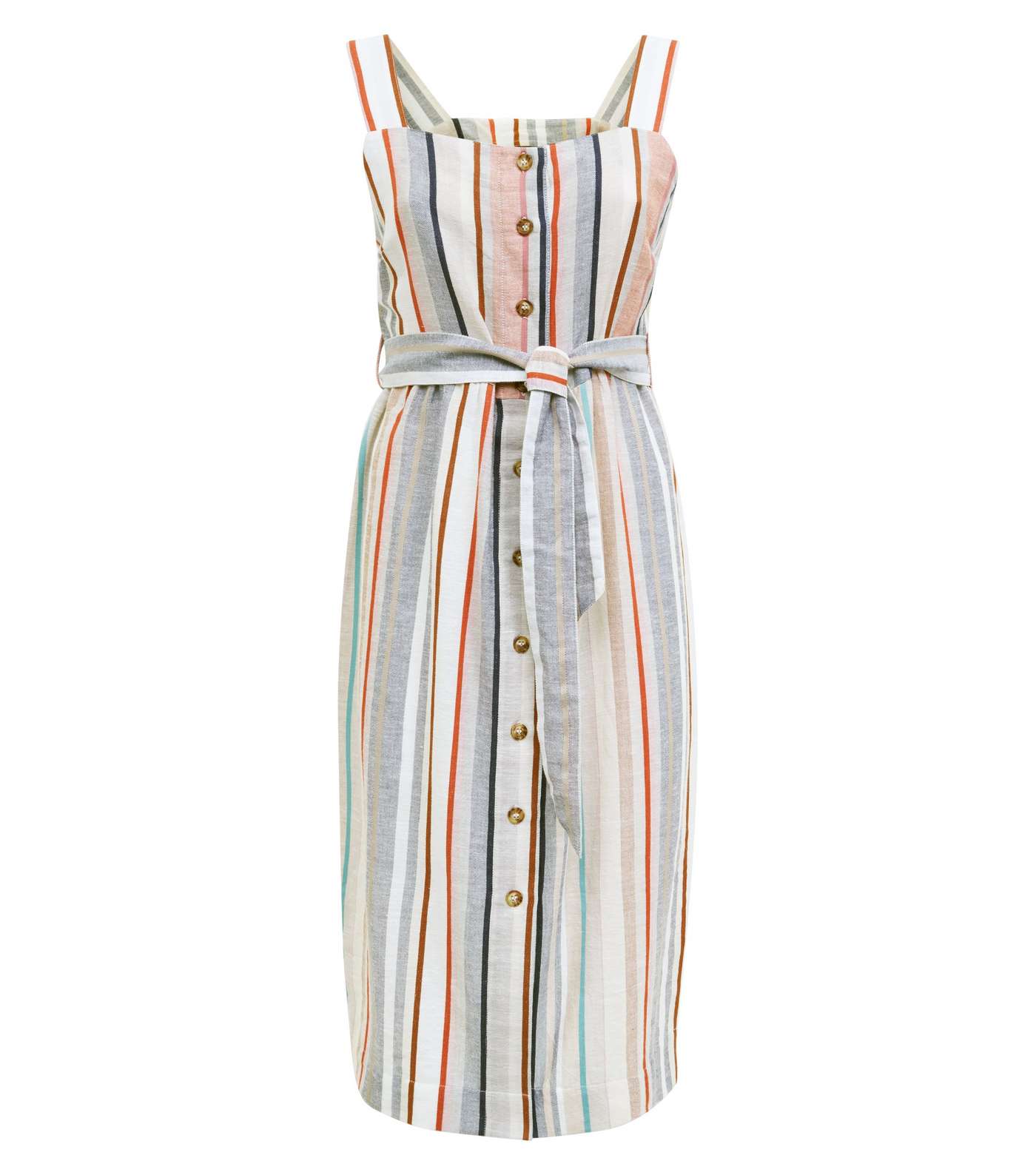 Off White Stripe Linen-Look Button Up Midi Dress Image 4