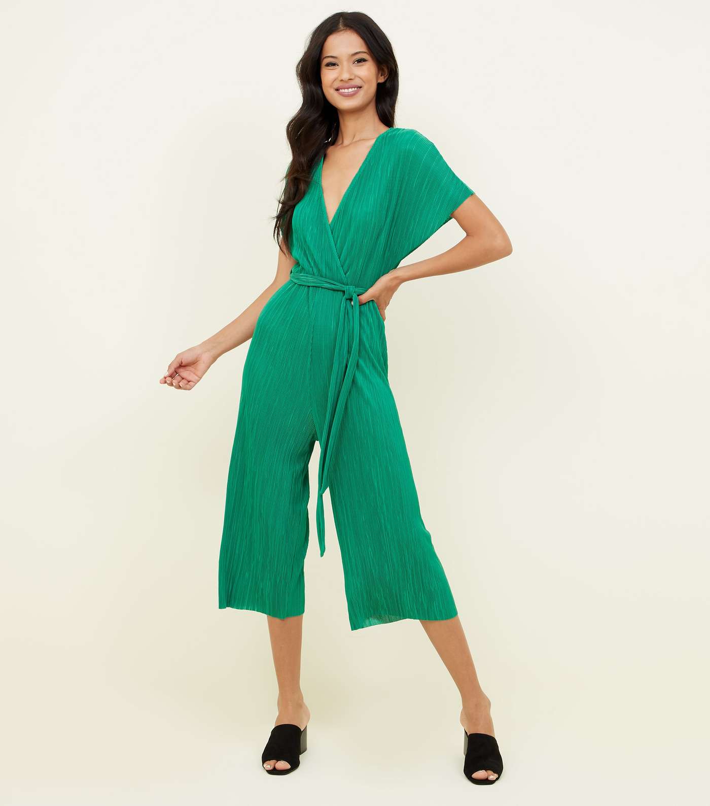 Green Plissé Wrap Front Culotte Jumpsuit Image 2