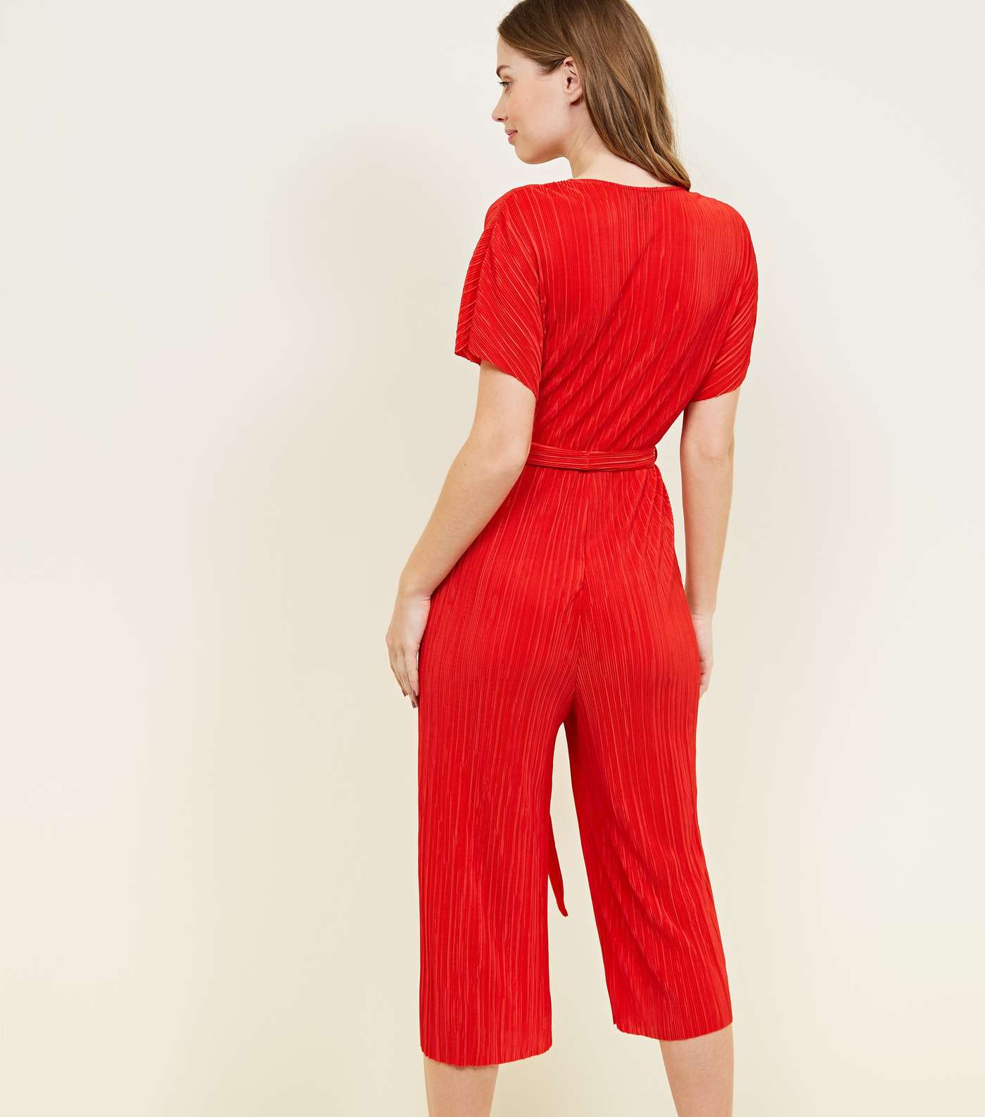 Red Plissé Wrap Front Culotte Jumpsuit Image 3