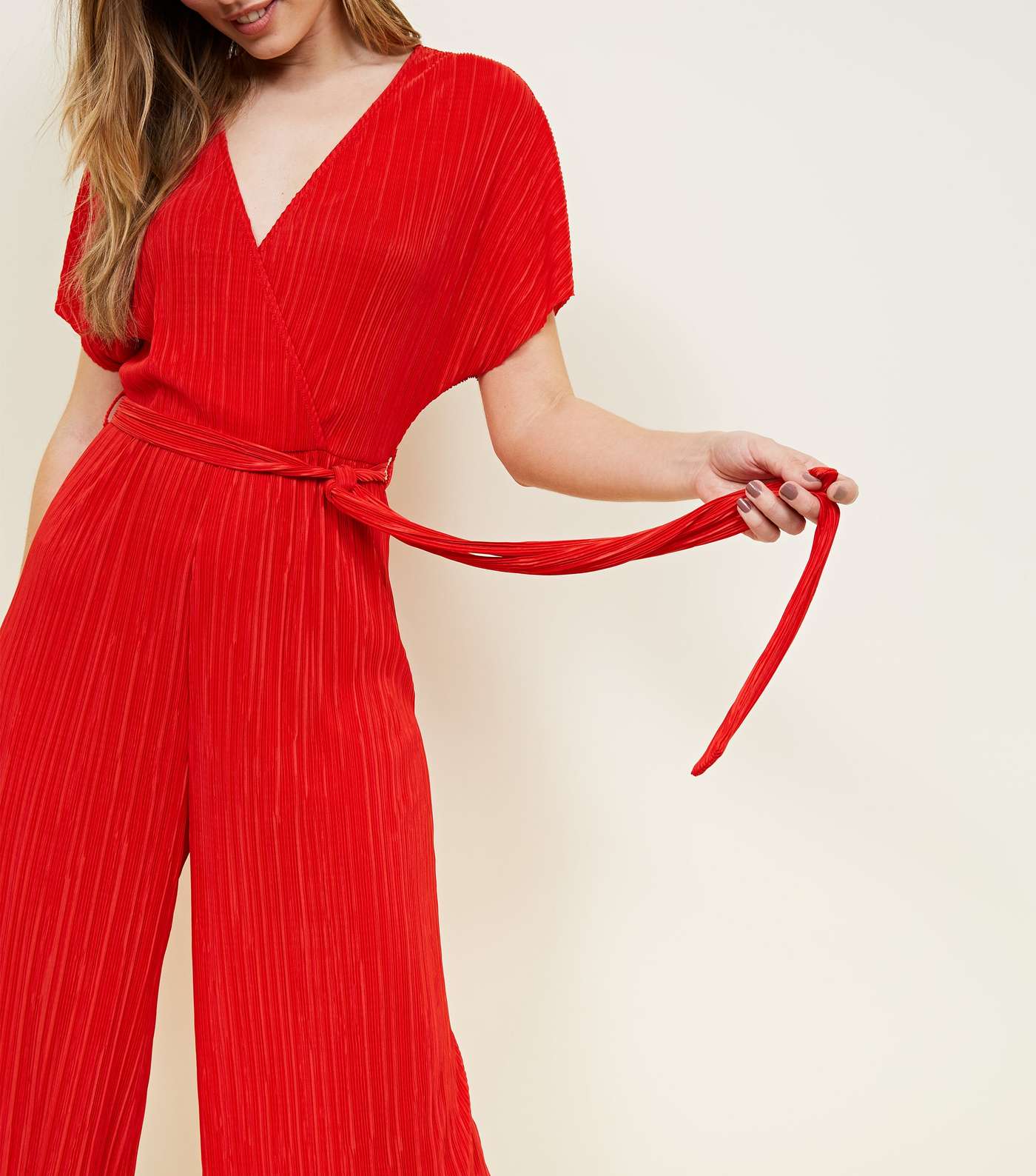 Red Plissé Wrap Front Culotte Jumpsuit Image 5
