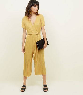 Mustard Plisse Wrap Front Culotte Jumpsuit New Look