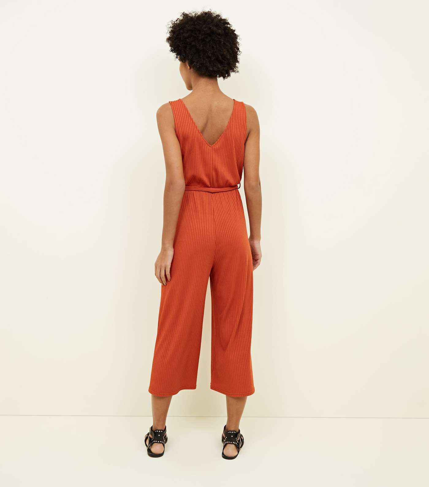 Rust Ribbed Sleeveless Jersey Culotte Jumpsuit Image 2