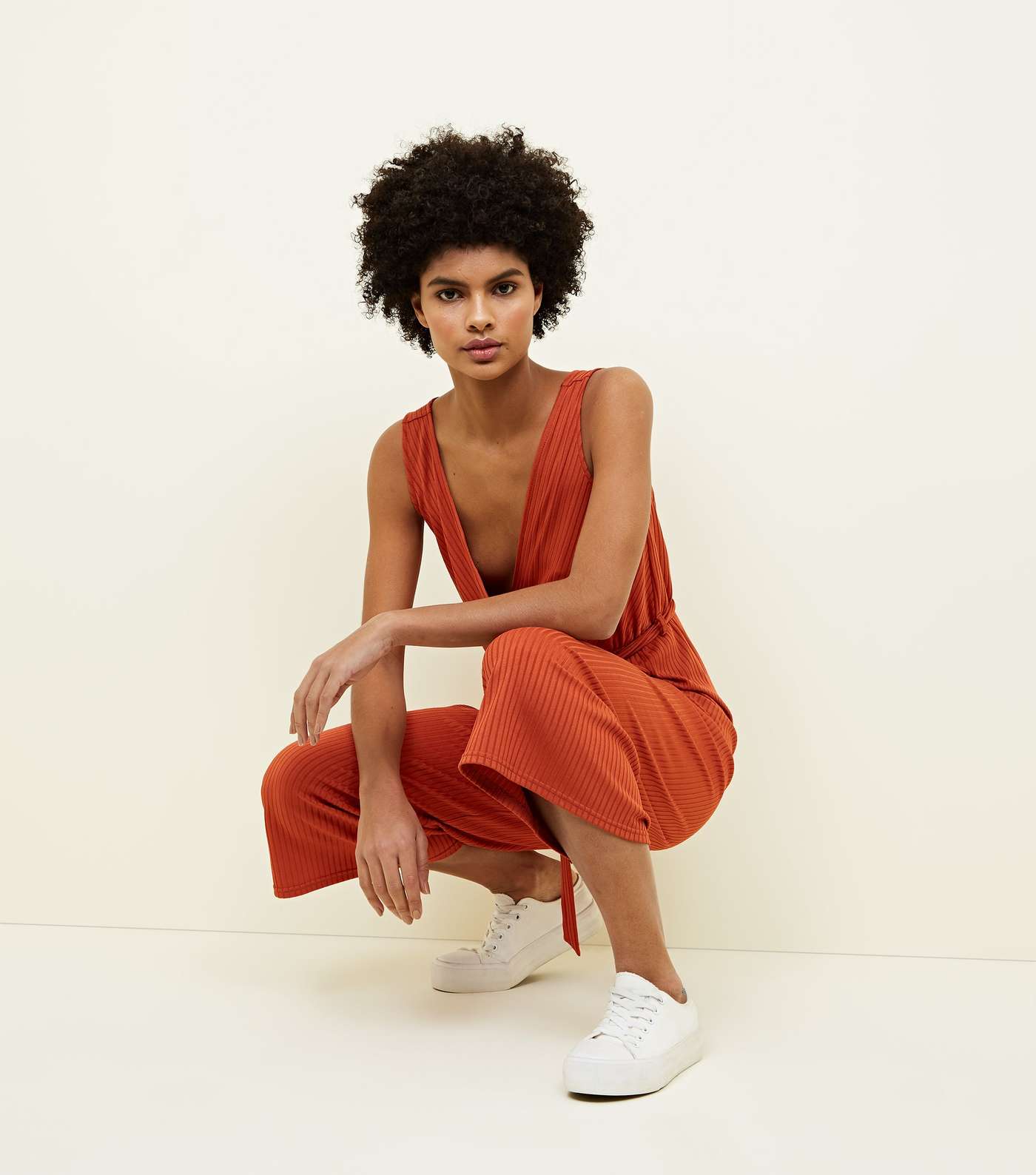 Rust Ribbed Sleeveless Jersey Culotte Jumpsuit Image 4