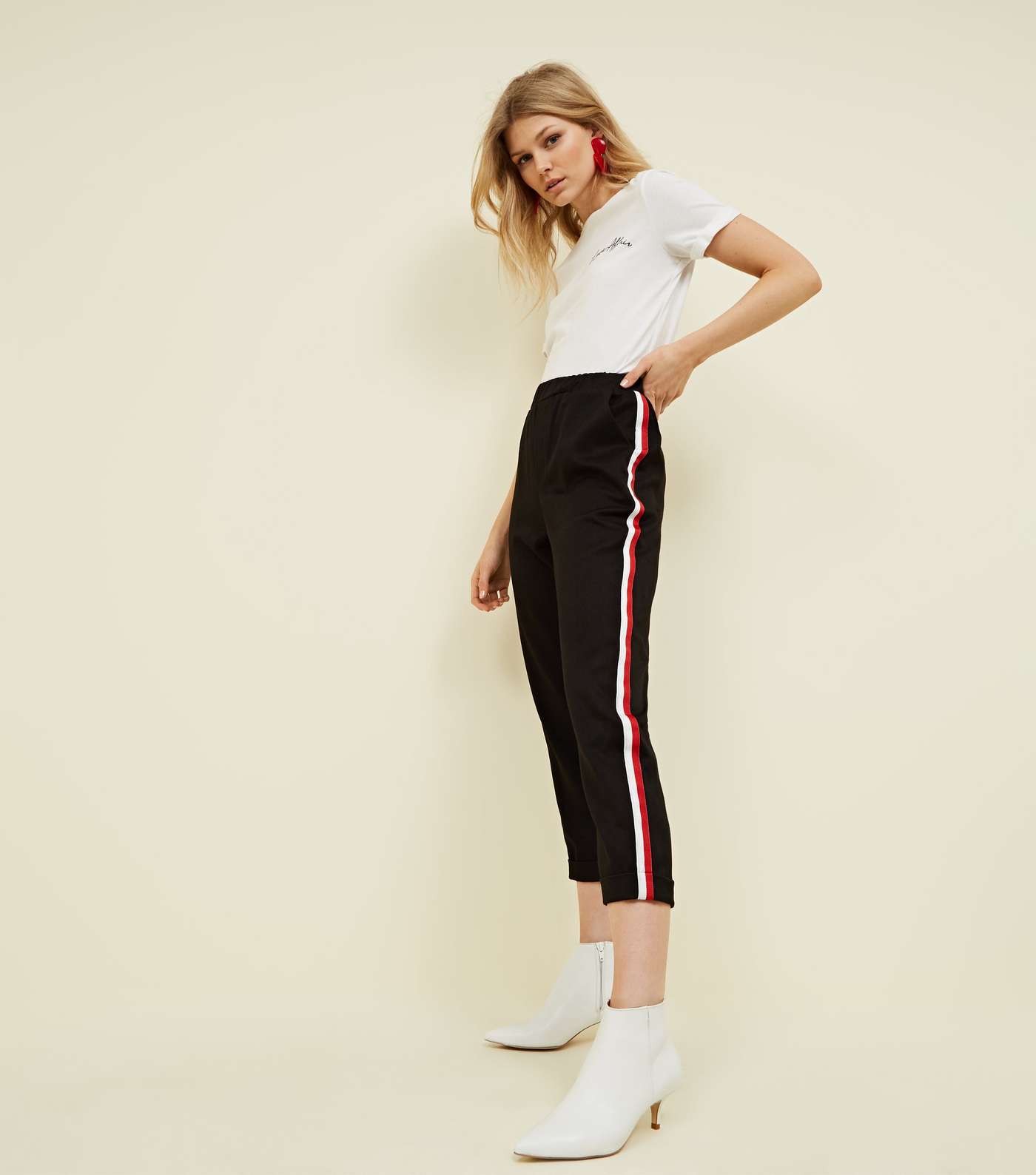 Petite Black Side Stripe Tapered Trousers 