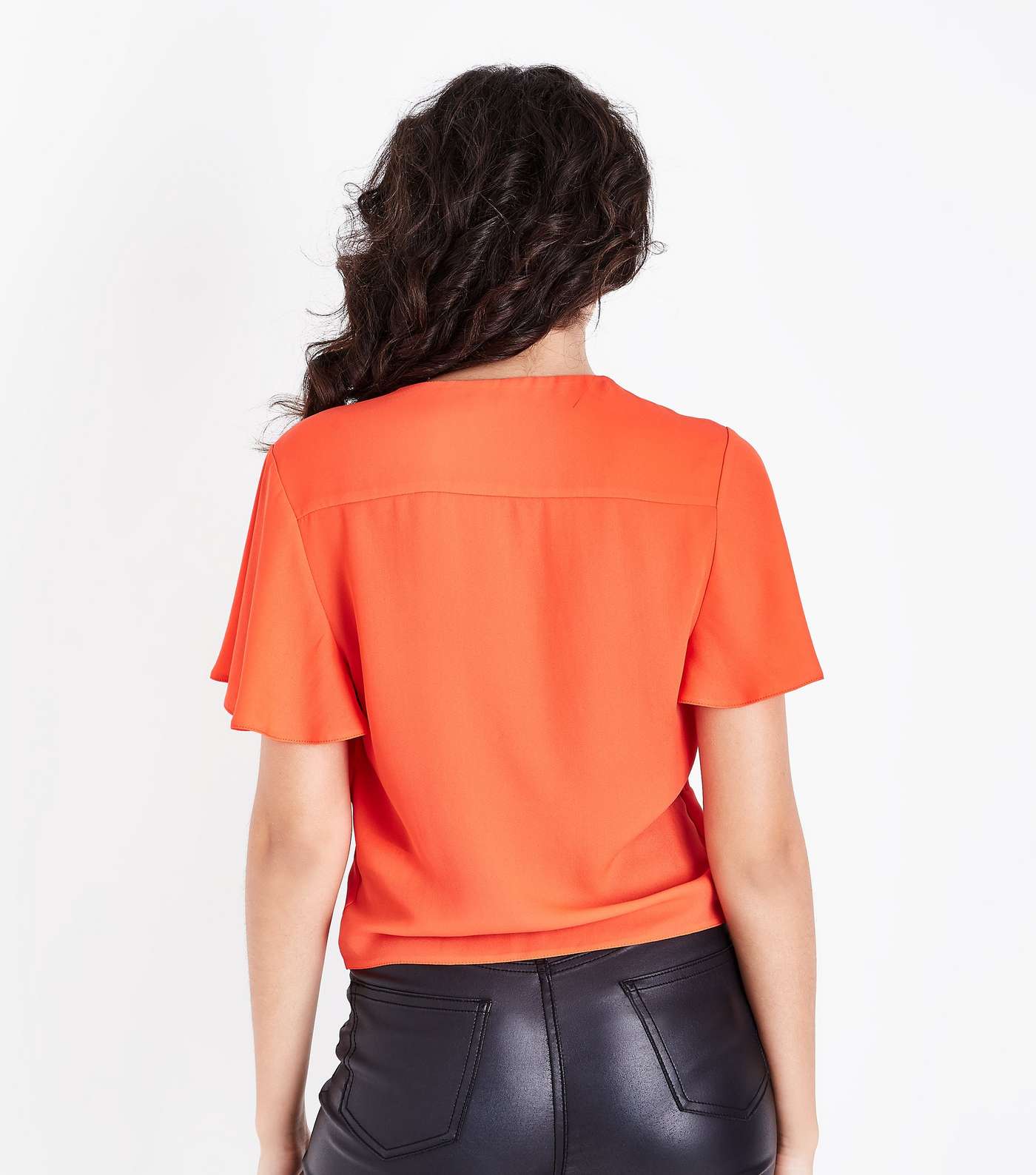 Bright Orange Twist Front Flutter Sleeve T-Shirt Image 3