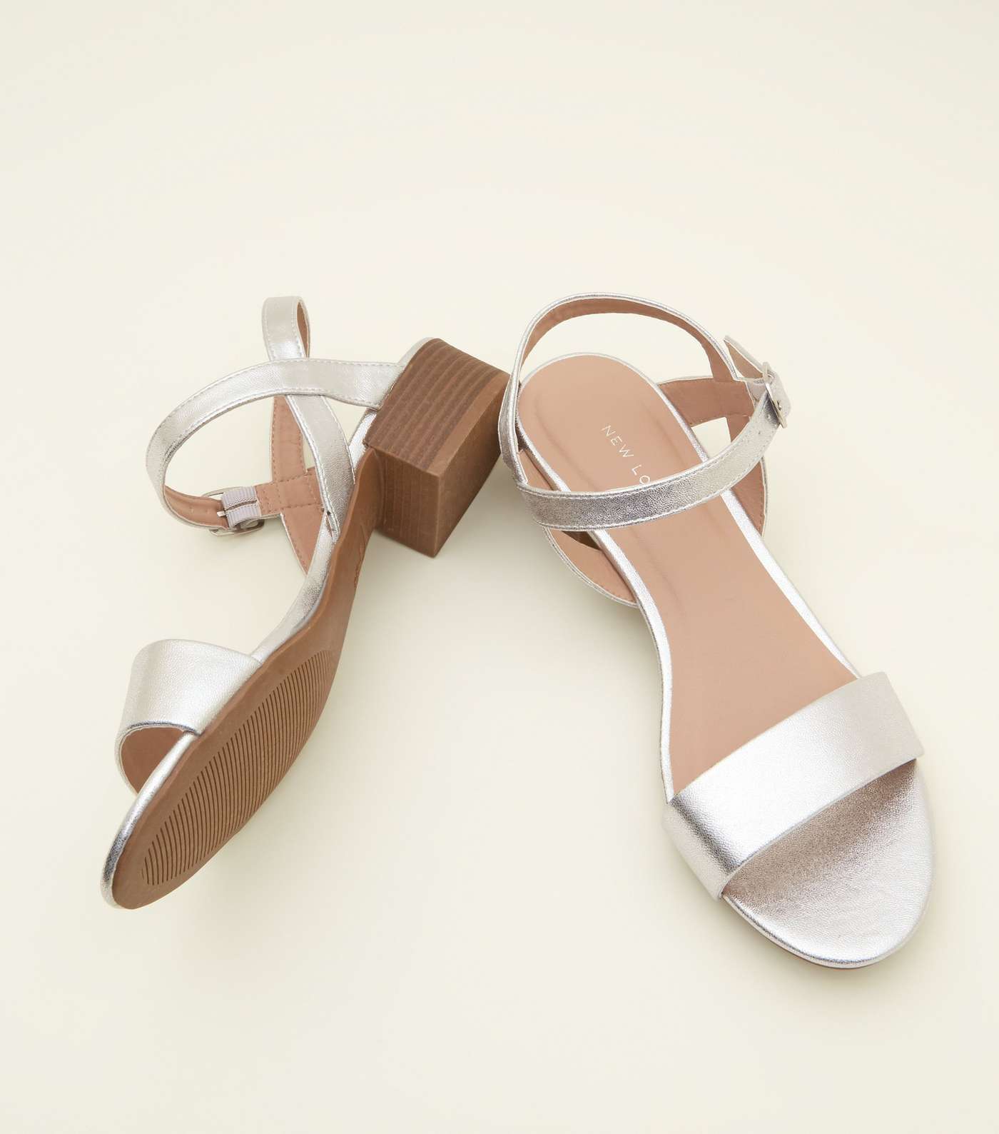Silver Metallic Low Block Heel Sandals Image 4